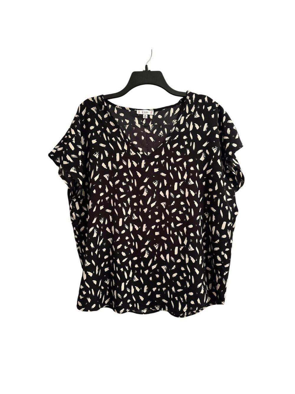 L. Love Career Tunic Womens Medium Black & Tan Short Cap Sleeves Business Top